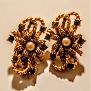 Vintage Gold Flower Post Earrings With Rhinestone Accents.